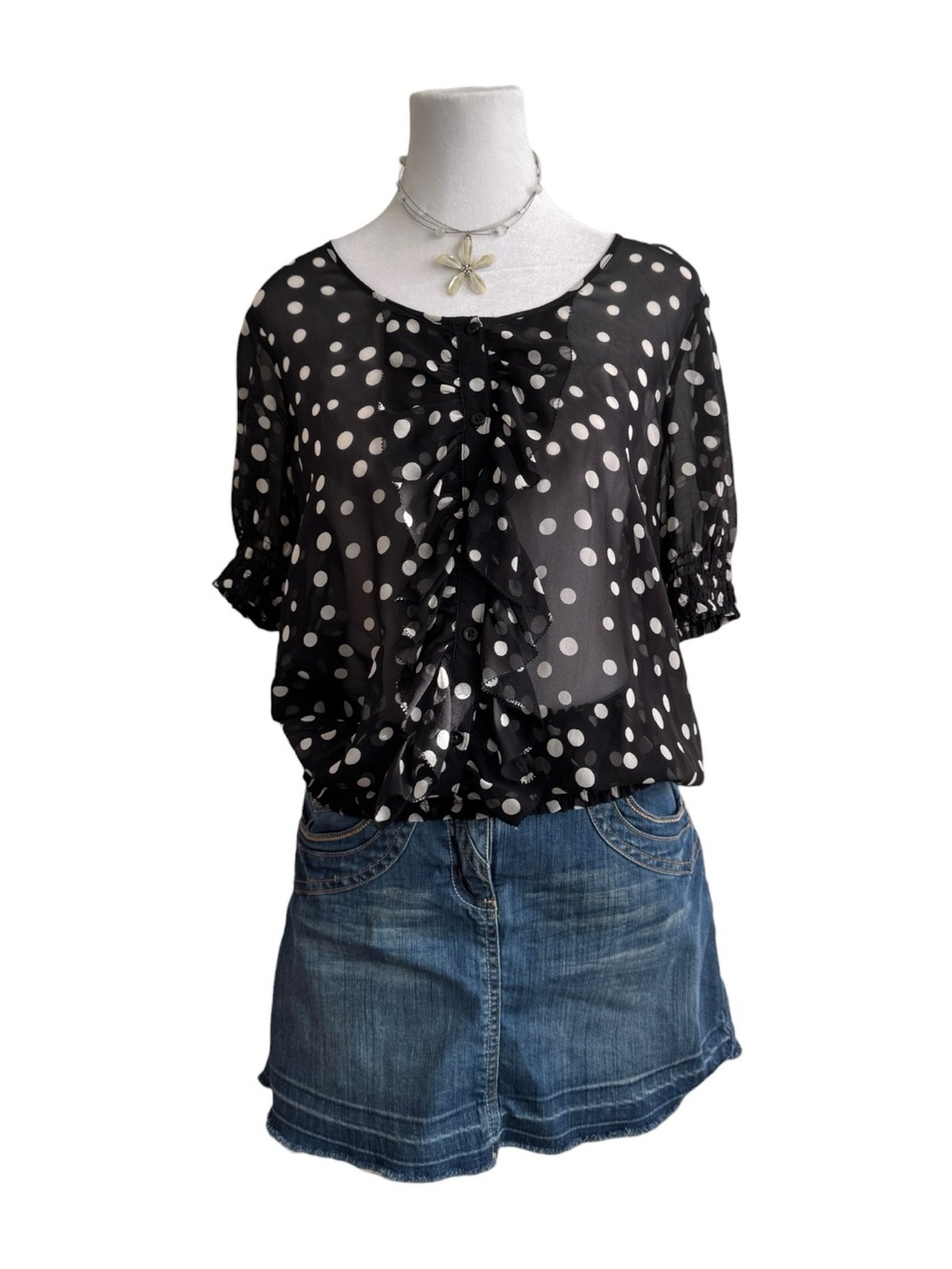 Jacob Black and White Polka Dot Ruffle Front Blouse